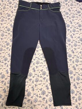 Irideon womens size 32 Equestrian riding pants breeches Navy green stitch fleece